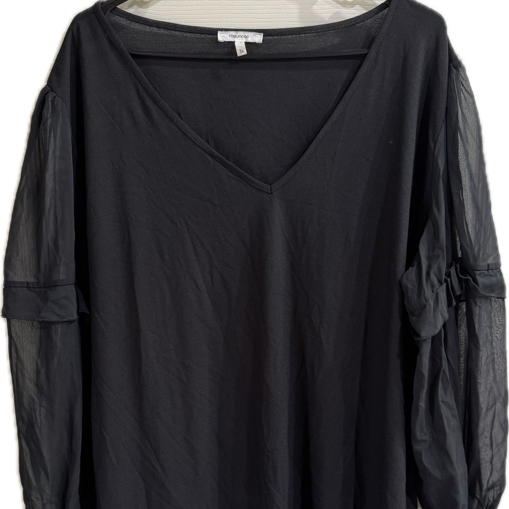 Maurices Black V-Neck Blouse with Sheer Sleeves